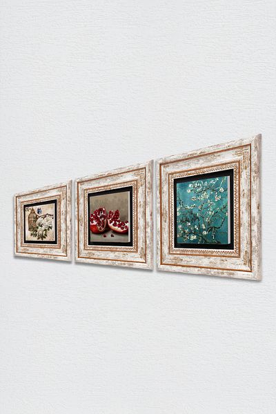 Pinecone Van Gogh Almond Tree, Butterfly Flower, Pomegranate Wall Painting Framed Stone Wall Decor Set of 3 Tk3-1083