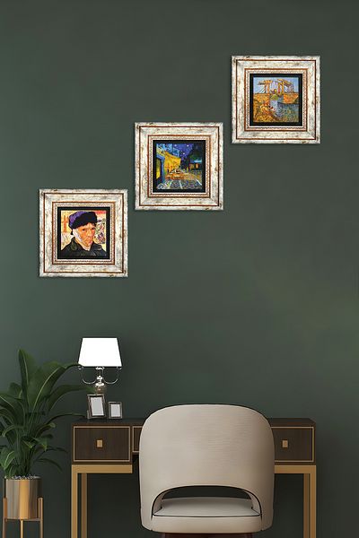 Pinecone Van Gogh Wall Painting Framed Stone Wall Decor 3 Piece Painting Set Wall Art Tk3-471