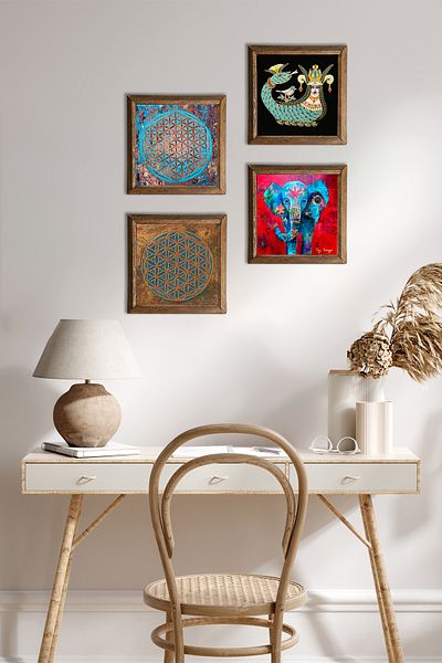 Pinecone Elephant, Flower of Life, Shahmeran Wall Painting Stone Wall Decor with Wooden Frame Set of 4 Painting W4-485