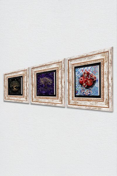 Pinecone Tree of Life, Pomegranate Wall Painting Framed Stone Wall Decor 3 Piece Painting Set Wall Art Tk3-1901