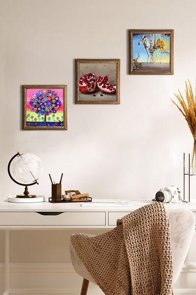 Pinecone Salvador Dali, Karla Gerard Tree of Life, Pomegranate Stone Wall Painting with Wood Frame Wall Decor W3-1078