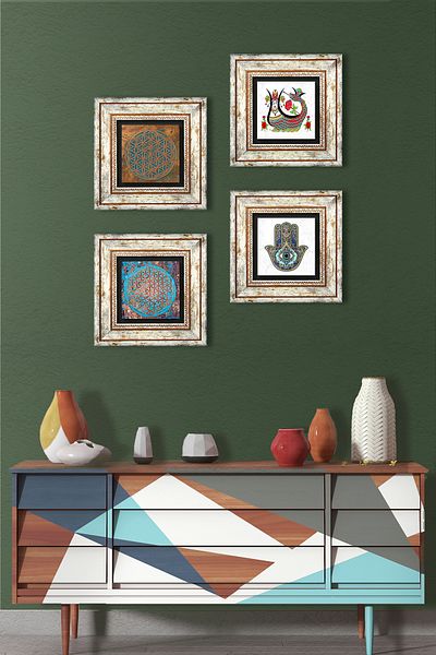 Pinecone Flower of Life, Şahmeran, Fatma Ana Eli Stone Wall Painting Framed Wall Decor 4-Piece Table Set TK4-409