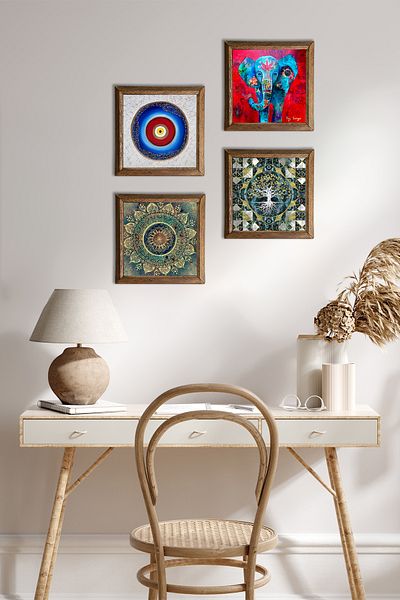 Pinecone Evil Eye, Tree of Life, Mandala, Elephant Wall Painting Stone Wall Decor with Wooden Frame 4-Piece Painting W4-886