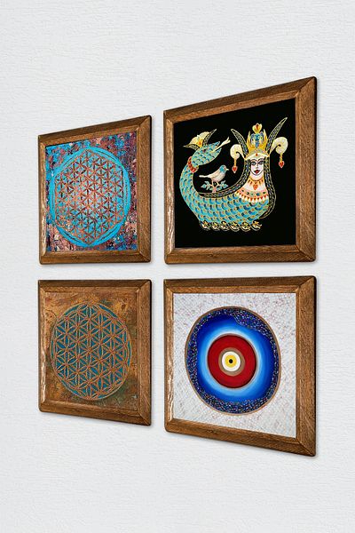 Pinecone Evil Eye, Flower of Life, Shahmeran Wall Painting Wood Framed Stone Wall Decor 4-Piece Table Set W4-493
