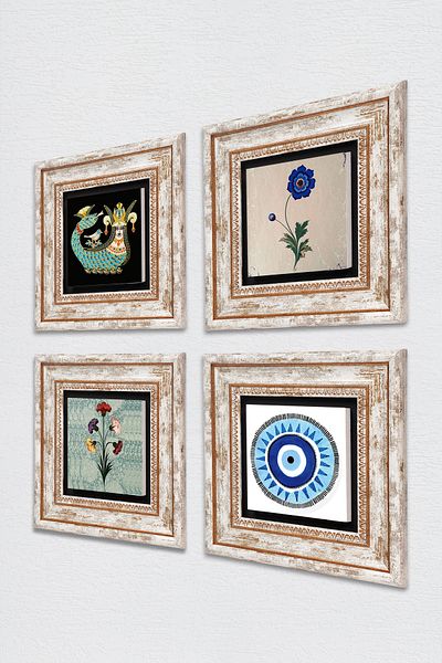 Pinecone Evil Eye, Marbling Art, Shahmeran Wall Painting Framed Stone Wall Decor 4 Piece Painting Set Tk4-990