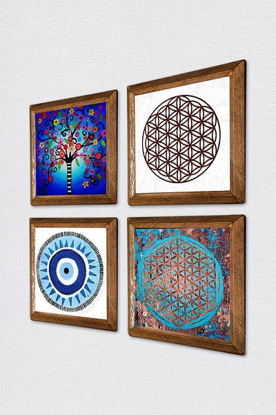 Pinecone Evil Eye, Flower of Life, Tree of Life Stone Wall Painting Wooden Framed Wall Decor 4-Piece Painting W4-835