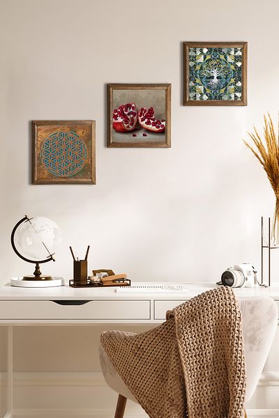 Pinecone Flower of Life, Tree of Life, Pomegranate Wall Painting Stone Wall Decor with Wood Frame 3 Piece Painting W3-1699