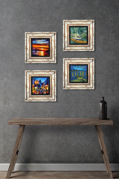 Pinecone Van Gogh, Seascape, Street Landscape Wall Painting Framed Stone Wall Decor Set of 4 Tk4-1900