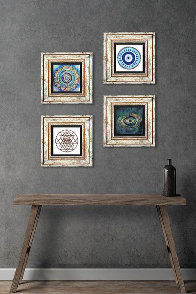 Pinecone Mandala, Evil Eye, Sri Yantra Stone Wall Painting Framed Wall Decor 4 Piece Painting Set Tk4-1006