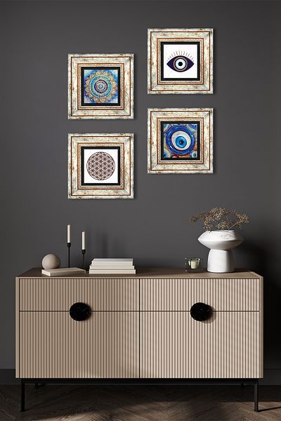 Pinecone Evil Eye, Mandala, Flower of Life Stone Wall Painting Framed Wall Decor 4 Piece Painting Set Tk4-1617