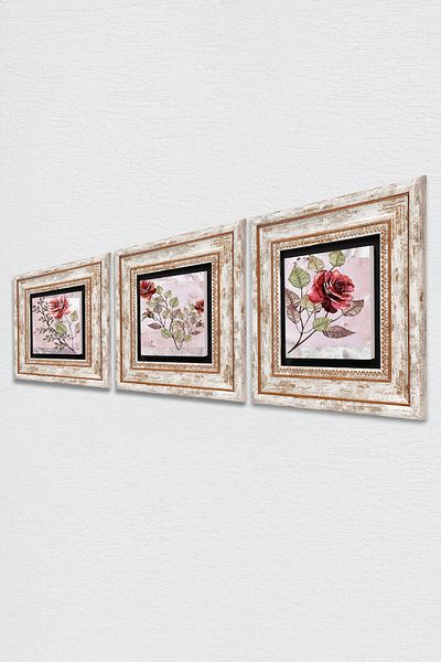Pinecone Rose Flower Wall Painting Framed Stone Wall Decor 3 Piece Painting Set Wall Art Tk3-1716