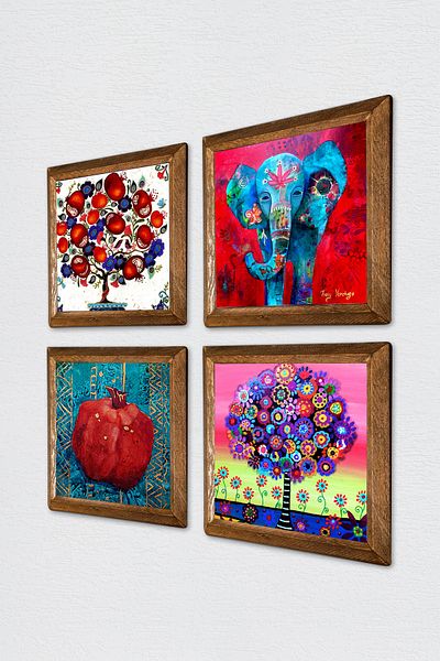 Pinecone Elephant, Tree of Life, Pomegranate Tree, Pomegranate Wall Painting Stone Wall Decor with Wooden Frame 4-Piece Painting W4-877