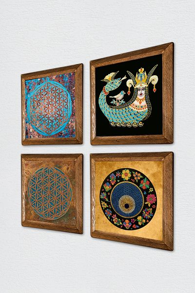 Pinecone Flower of Life, Evil Eye, Shahmeran Wall Painting Wooden Framed Stone Wall Decor Set of 4 Painting W4-456