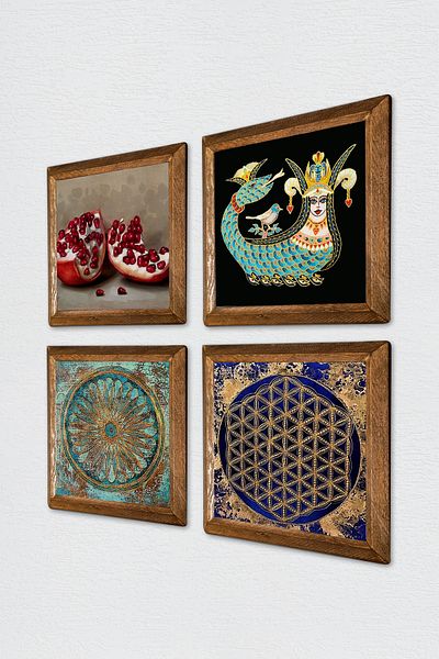 Pinecone Flower of Life, Shahmeran, Pomegranate Wall Painting Stone Wall Decor with Wooden Frame Set of 4 Painting W4-774