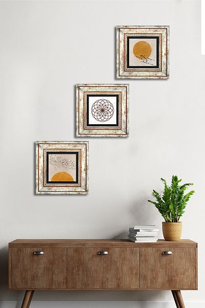 Pinecone Minimalist, Flower of Life Wall Painting Framed Stone Wall Decor 3 Piece Painting Set Tk3-1938