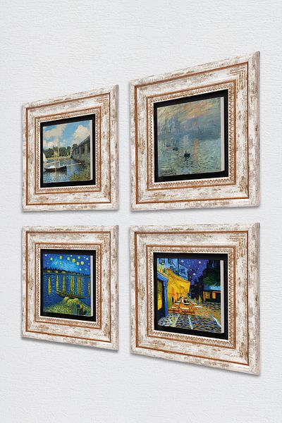 Pinecone Van Gogh, Claude Monet Wall Painting Framed Stone Wall Decor 4 Piece Painting Set Wall Art Tk4-1183