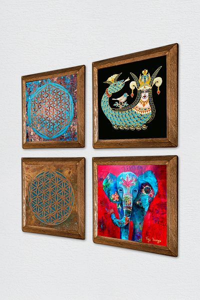 Pinecone Elephant, Flower of Life, Shahmeran Wall Painting Stone Wall Decor with Wooden Frame Set of 4 Painting W4-485