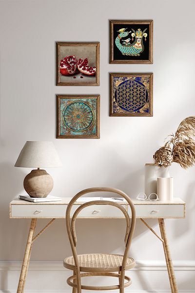Pinecone Flower of Life, Shahmeran, Pomegranate Wall Painting Stone Wall Decor with Wooden Frame Set of 4 Painting W4-774