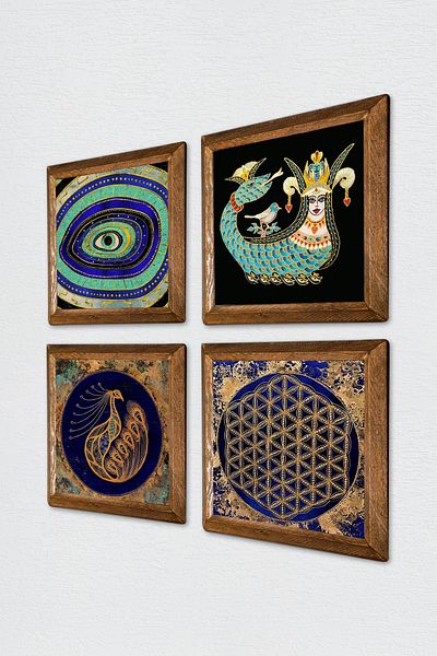 Pinecone Evil Eye, Peacock, Flower of Life, Shahmeran Wall Painting Stone Wall Decor with Wooden Frame W4-777