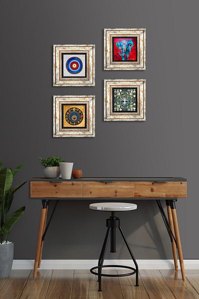 Pinecone Tree of Life, Elephant, Evil Eye Wall Painting Framed Stone Wall Decor 4 Piece Painting Set Wall Art Tk4-901
