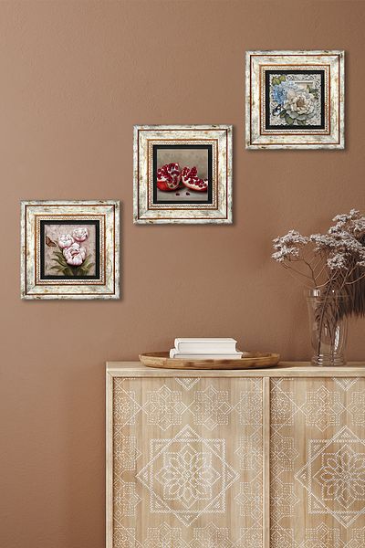Pinecone Flower with Butterfly, Pomegranate Stone Wall Painting Framed Wall Decor 3 Piece Painting Set Wall Art Tk3-1124