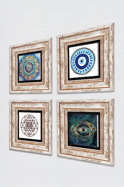 Pinecone Mandala, Evil Eye, Sri Yantra Stone Wall Painting Framed Wall Decor 4 Piece Painting Set Tk4-1006