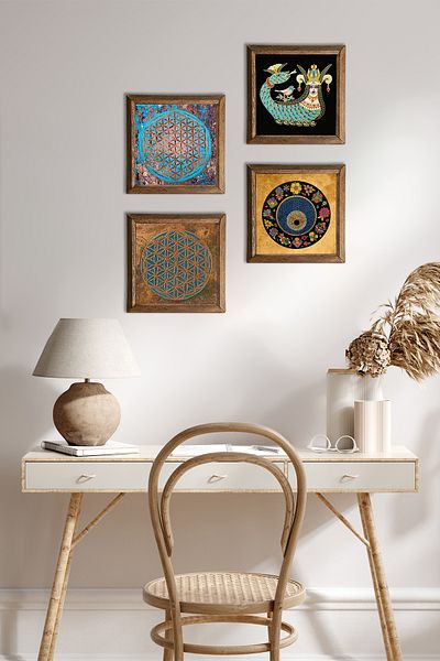 Pinecone Flower of Life, Evil Eye, Shahmeran Wall Painting Wooden Framed Stone Wall Decor Set of 4 Painting W4-456