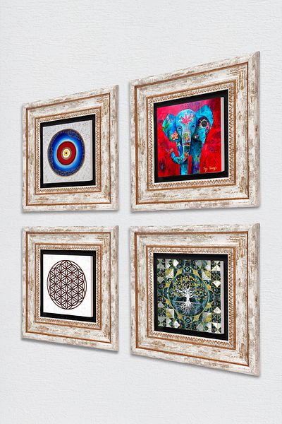 Pinecone Evil Eye, Tree of Life, Elephant, Flower of Life Wall Painting Framed Stone Wall Decor 4 Piece Set Tk4-898
