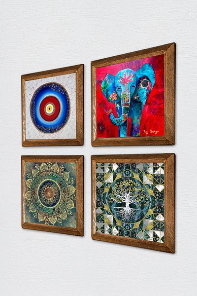 Pinecone Evil Eye, Tree of Life, Mandala, Elephant Wall Painting Stone Wall Decor with Wooden Frame 4-Piece Painting W4-886