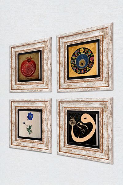 Pinecone Marbling Art, Vav, Evil Eye, Prayer for Fertility Stone Wall Painting Framed Wall Decor 4 Piece Set Tk4-202