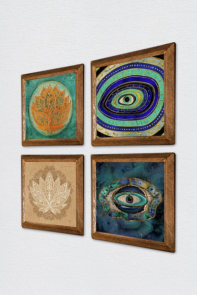 Pinecone Evil Eye, Lotus Flower Stone Wall Painting Wood Framed Wall Decor 4 Piece Painting Set W4-670