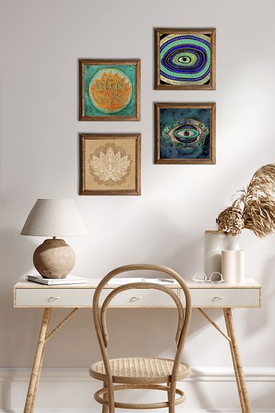 Pinecone Evil Eye, Lotus Flower Stone Wall Painting Wood Framed Wall Decor 4 Piece Painting Set W4-670