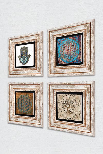 Pinecone Fatma Mother Hand (Hamsa), Tree of Life, Flower of Lifewall Painting Framed Stone Wall Decor 4 Painting
