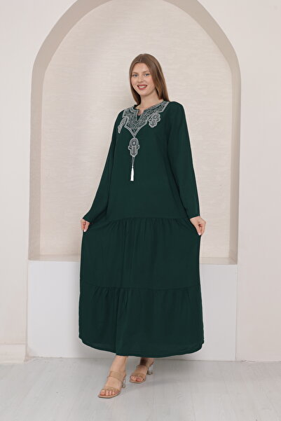 mervemoda Women's Green Collar Embroidery Detail Long Sleeve Woven Dress