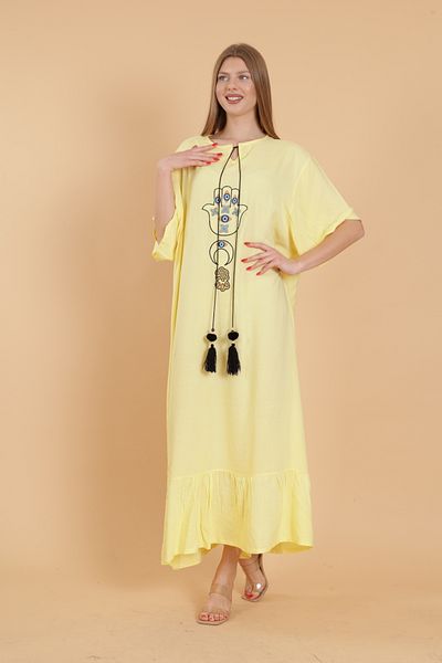 mervemoda Women's Yellow Embroidery Detail Large Size Short Sleeve Woven Dress