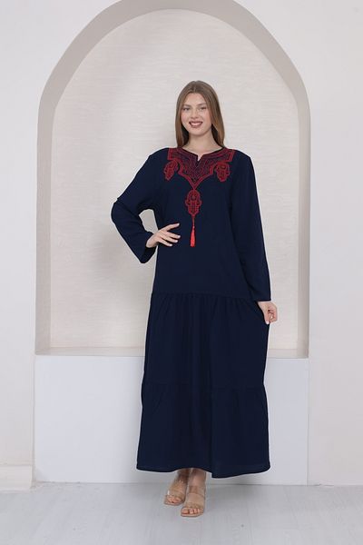 mervemoda Women's Navy Collar Embroidery Detail Long Sleeve Woven Dress