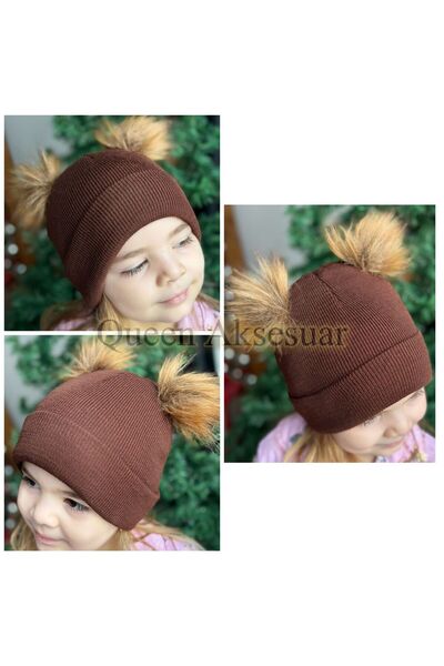 QUEEN AKSESUAR Модерна модна шапка с регулируем размер, с помпон, за бебета, деца и жени, в кафяво