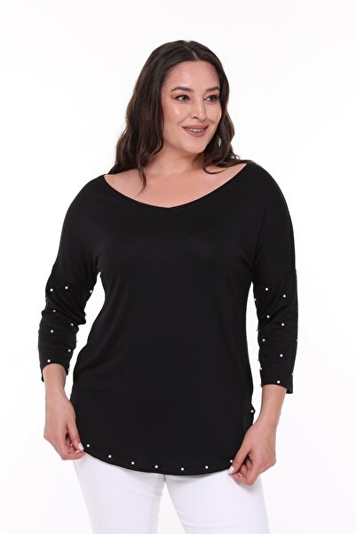 Curvy Trend Μπλούζα με φαρδιά λαιμόκοψη V με μισό μανίκι με μαργαριταρένια λεπτομέρεια