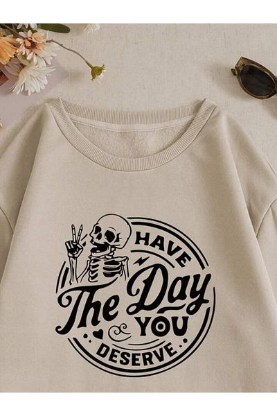 AEMİ Have the Day You Printed Unisex Oversize Φούτερ - Crew Neck