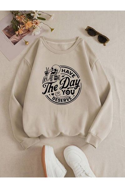 AEMİ Have the Day You Printed Unisex Oversize Φούτερ - Crew Neck