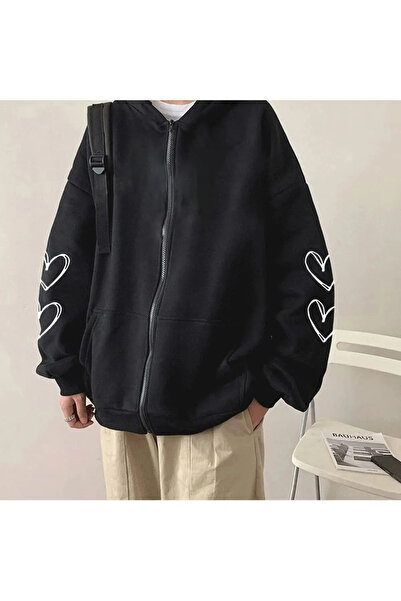 ZEMLİYA Women's Black Hooded Zippered Kangaroo Pocket Gothic Heart Printed Sw...