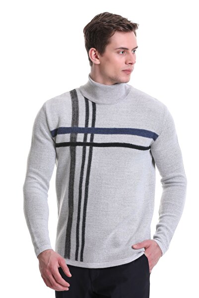 Hatemoğlu Gri Comfort Fit Desenli Balıkçı Yaka Yünlü Triko Kazak