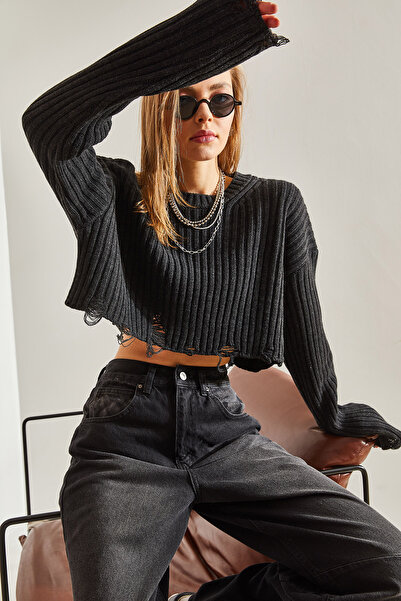 Bianco Lucci Dámský pletený svetr s roztrhaným detailním úpletem