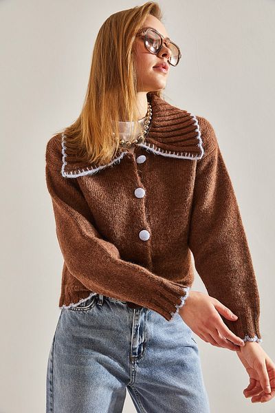 Bianco Lucci Women's Buttoned Large Polo Collar Knitwear Cardigan