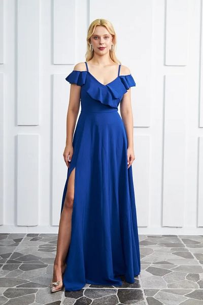 bayansepeti Rochie de seară cu guler pentru femei, cu bretele flexibile din material creponat, cu volan în piept582190