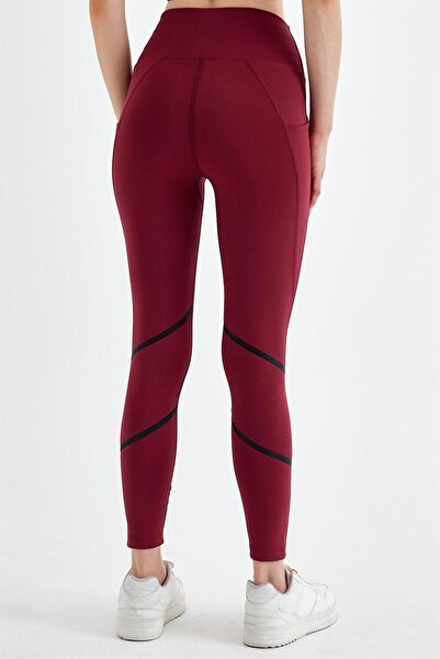 GRAB Women's Claret Red Laser Cut Garnished Sports Leggings