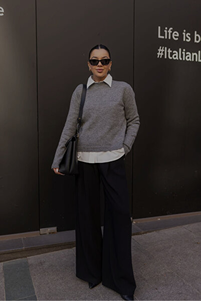 Laluvia Gray Crew Neck Square Embroidered Knitwear Sweater