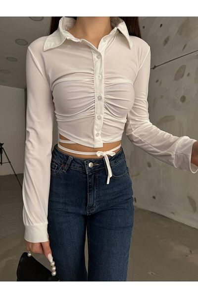 BİKELİFE Weißes Sandy-Stoffhemd für Damen mit Kordelzug, Taille und Seildetail