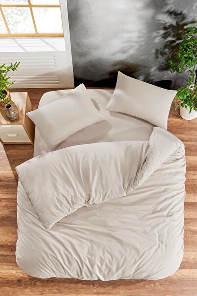 Valezium BEIGE SINGLE DUVET COVER SET ELASTIC SHEET AND 1 PILLOW CASE