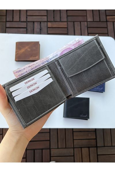 DERKON 100% Genuine Crazy Leather Morry Model Wallet Gray